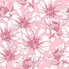 Fotobehang Romantic Pink Seamless Pattern for Valentines Day Holiday Wrapping Paper Design. Vector Feminine Floral Wallpaper Template with Helenium Autumnale Flower © ilonitta