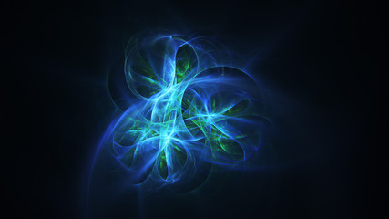 Abstract transparent blue and green crystal shapes. Fantasy light background. Digital fractal art. 3d