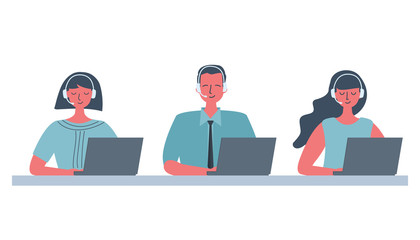 Web banner of call center workers. Young man and women in headphones sitting at the table on a white background. People icons. Funky flat style. Vector illustration.