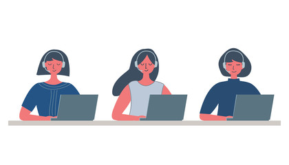Web banner of call center workers. Young women in headphones sitting at the table on a white background. People icons. Funky flat style. Vector illustration.