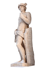Sculpture of the ancient Greek god Mercury isolate. Mercury was a messenger and a god of trade, profit and commerce.