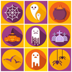 Happy halloween bat,ghost,witch's cauldron,spider web icon character.Holiday symbol.Pumpkin head lamp jack smiling.Bubbling potion flat vector.