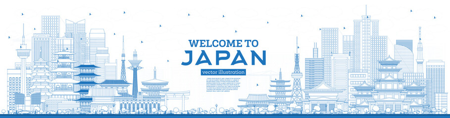 Outline Welcome to Japan Skyline with Blue Buildings. - obrazy, fototapety, plakaty