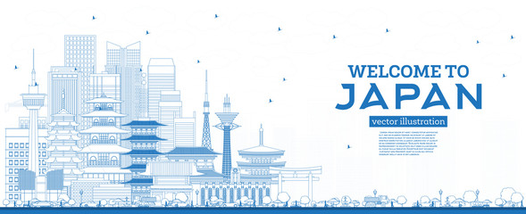 Outline Welcome to Japan Skyline with Blue Buildings.