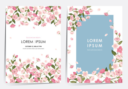 Vector illustration of a beautiful floral frame set with cherry blossom in spring for Wedding, anniversary, birthday and party. Design for banner, poster, card, invitation and scrapbook	