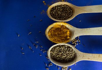 spices in wooden spoons
