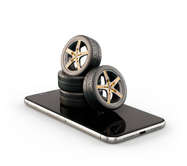 Unusual 3d illustration of car tires on a smartphone screen. Tire Size Calculator. Choosing and...