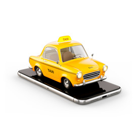 Fototapeta na wymiar Smartphone application of taxi service for online searching calling and booking a cab. Unusual 3D illustration of taxi cab on smart phone.