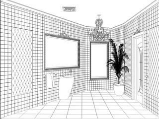 restroom, contour visualization, 3D illustration, sketch, outline
