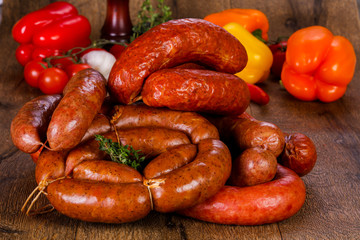 Pork sausages over wooden