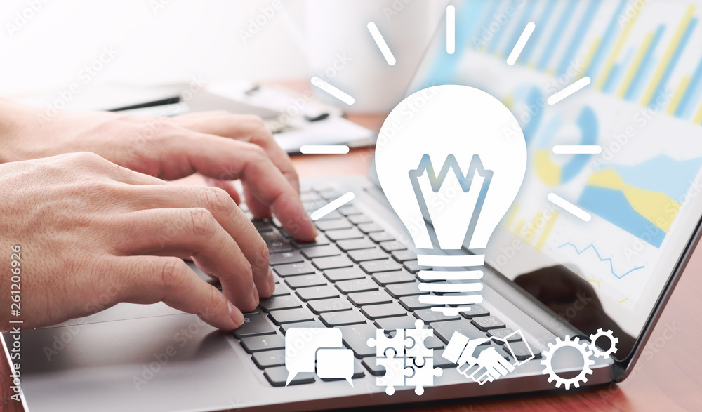 Poster Analyzing business data and coming up with idea. Businessman using laptop for analytics and finding solution.