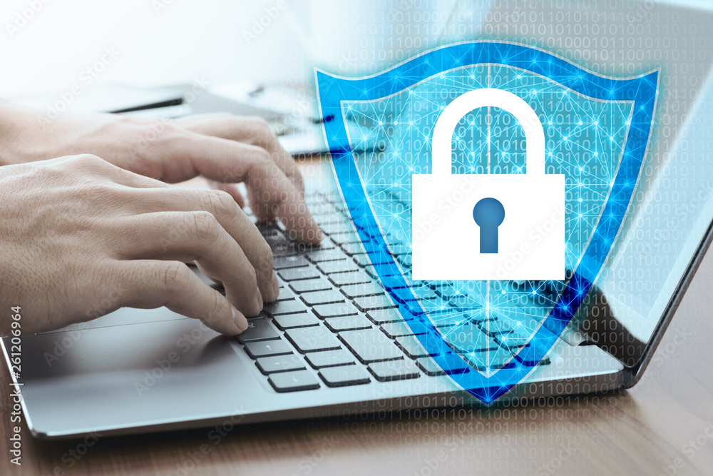 Poster Developing network security system. Internet data security concept.Businessman using laptop.