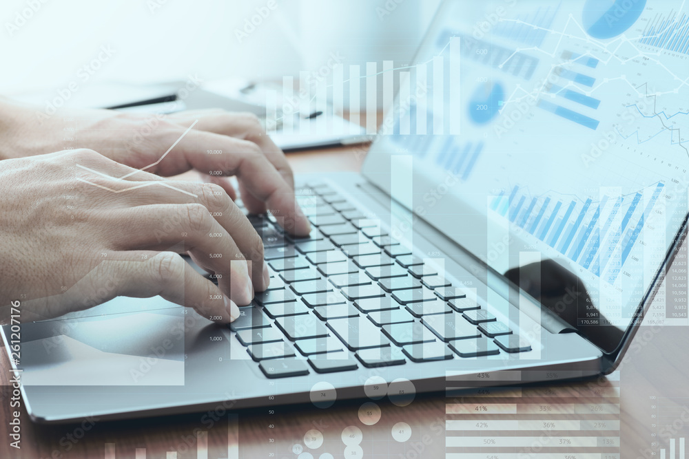 Poster Business intelligence concept. Businessman using laptop for analysis.Laptop and many graphs.