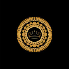 Circular ornament with a flower pattern; small four-pointed asterisks and a gold crown in the center.