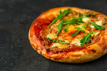 pizza, chicken, tomato sauce, cheese, (pizza ingredients). hot pizza. Top view. copy space