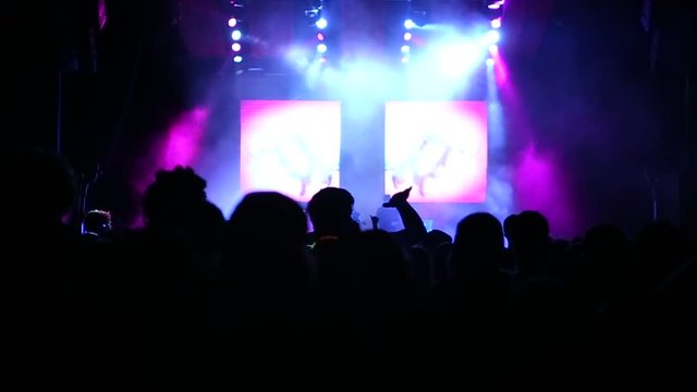 Dancing Crowd Jumping In Colorful Lights During Concert Show