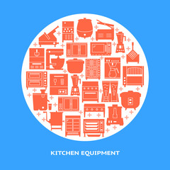 Professional kitchen equipment round banner template in flat style