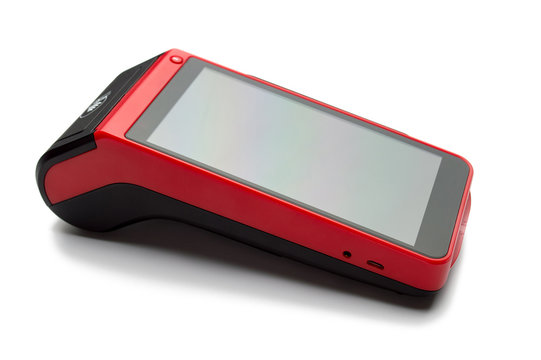 Mobile smart aPOS EDC machine with NFC technology. Close up photo of payment terminal isolated on white background. Concept for banking, finance and card payments.