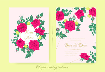 Wedding Invitation with Red Roses and Leaves.