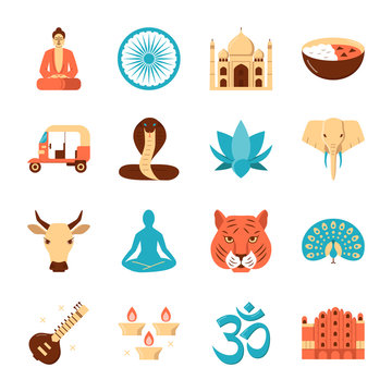 India national symbols icons set in flat style