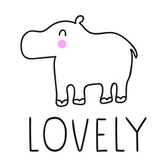 Lovely hippo. Hand drawn vector icon illustration design in scandinavian, nordic style. Best for nursery, childish textile, apparel, poster, postcard.