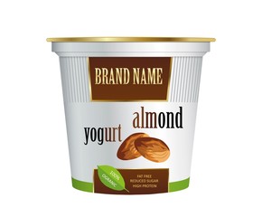 Packaging design yogurt with almond. Vector isolated on white background. Plastic container for cherry yogurt and dessert.