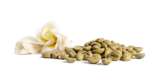 Beautiful flowers and green coffee beans  isolated on white background