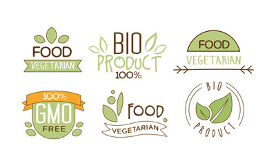 Vector set of food labels with text. Gluten free. Vegetarian nutrition. Emblems for packing natural products