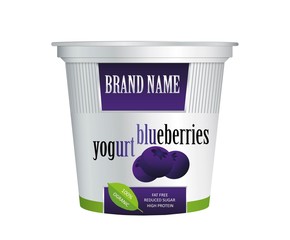 Packaging design yogurt with blueberries. Vector isolated on white background. Plastic container for blueberries yogurt and dessert.