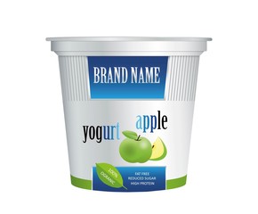 Packaging design yogurt with apple. Vector isolated on white background. Plastic container for apple yogurt and dessert.