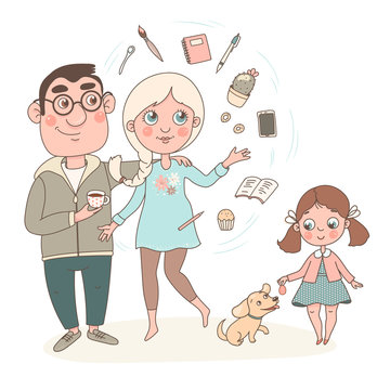 Cute cartoon family on white background. Vector image