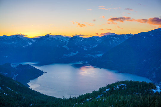 Howe Sound Panorama, view on mountain during sunset, Squamish, BC, Canada