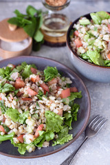 Taboule with barley porridge with fresh vegetables and herbs on a gray concrete background