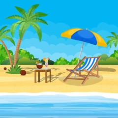 Landscape of wooden chaise lounge, palm tree on beach. Umbrella Day in tropical place. Vector illustration in flat style