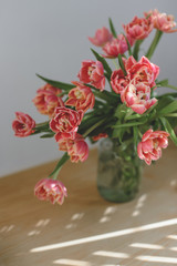 Pink peony tulips in a glass jar.