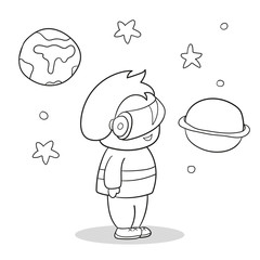Child in VR glasses. Modern technologies for gaming. Coloring book page design for kids