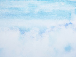watercolor painting hand drawn on paper summer blue sky and white clouds.