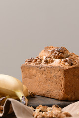 Tasty banana bread on table