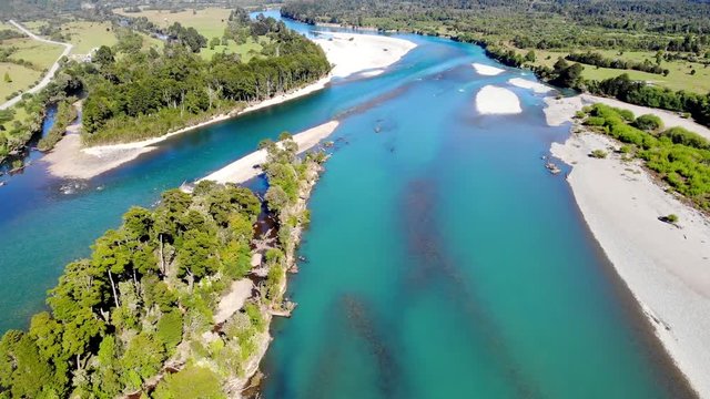 Aerial view of the confluence of the rivers Rosselot and Palena in a panoramic shot.