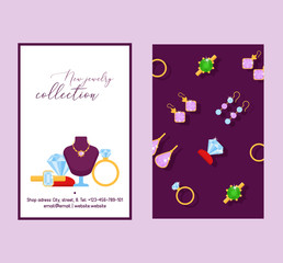Jewelry shop set of banners vector illustration. Diamond accessories. Engagement rings , gold earrings with stones, bracelet, charms, brilliants. New jewelry collection. Adress.