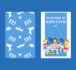 Creative kids banner vector illustration. Girls and boys drawing, painting, cutting paper, sketching. Education and enjoyment concept. Colorful pencils, watercolor. Welcome to kids club.