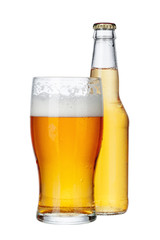 Fresh beer glass and bottle close up isolated on white background