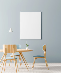 Mock up poster frame in Scandinavian style dining room. Minimalist dining room design. 3D illustration.