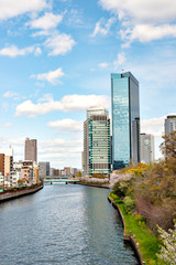Obraz premium Office buildings along Okawa river in Osaka, Japan