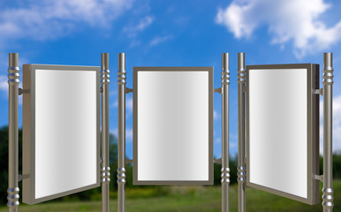 3D rendering of blank billboard (empty advertisement) with clouds. Empty mockup template