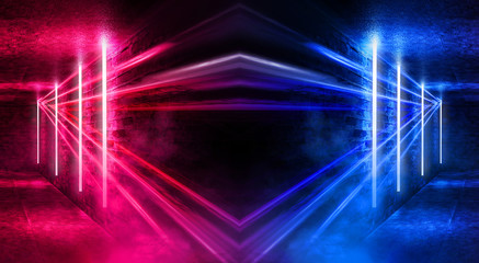 Abstract tunnel, corridor with rays of blue and pink light and neon highlights. Abstract blue and pink background, neon. Empty dark room with rays and lines. Brick walls, concrete floor. Night view. 3