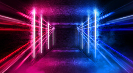 Abstract tunnel, corridor with rays of blue and pink light and neon highlights. Abstract blue and pink background, neon. Empty dark room with rays and lines. Brick walls, concrete floor. Night view. 3