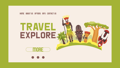 Travel to Africa banner web design vector illustration. Road trip. Tourism, vacation. Old masks. Advertising. Jungle ethnic culture icons. African people in ethnical clothes.