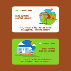 Camping manager set of business cards vector illustration. Vacation and tourism concept. Couple of travelers with rucksack and map. Tent, vehicle or car. Summer camp, hiking.