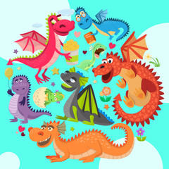 Baby dragons round pattern vector illustration. Cartoon funny dragons with wings. Fairy dinosaurs with pop corn, baloon, flower, book. Character hatching from egg. Magical dinos.